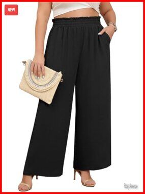 Plus Size Wide Leg Palazzo Pants Elastic High Waist Drawstring Loose Fit Work